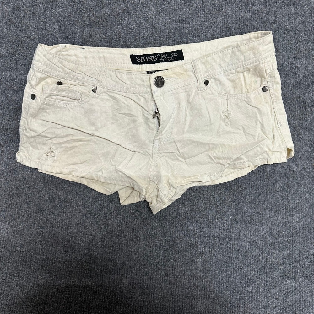 Stone Love Denim Shorts Womens Size 0 Cream Off-White Distressed Low Rise Mini